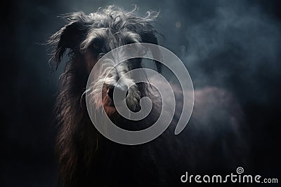 A Scottish deerhound portrait in a dark forest. Stock Photo