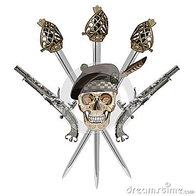 Scottish Highland backsword, two Scottish flintlock pistol and skull in the Scottish balmoral bonnet Vector Illustration