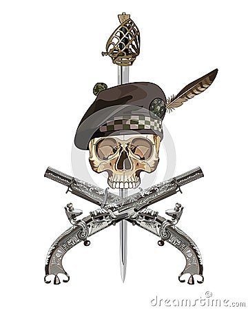 Scottish Highland backsword, two Scottish flintlock pistol and skull in the Scottish balmoral bonnet Vector Illustration