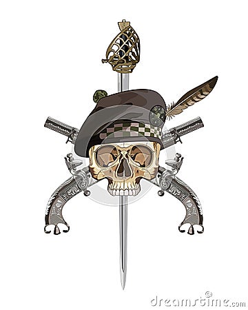 Scottish Highland backsword, two Scottish flintlock pistol and skull in the Scottish balmoral bonnet Vector Illustration