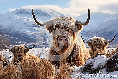 Scottish highlanders in winter landscape. Generative AI Stock Photo