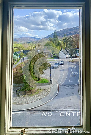 Scottish hillside seen through a window Stock Photo