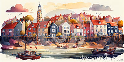 Scottish seaside town fishing village harbour scene watercolour Scotland Stock Photo