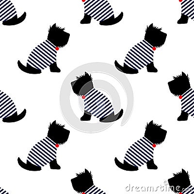 Scottish terrier in a sailor t-shirt seamless pattern. Sitting dogs on white background illustration. Vector Illustration