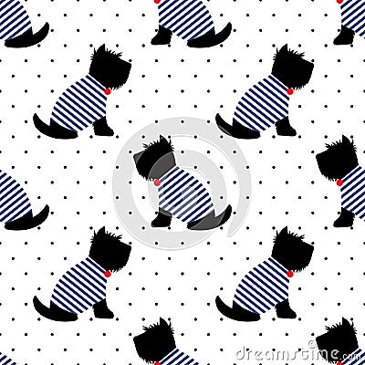 Scottish terrier in a sailor t-shirt seamless pattern. Sitting dogs on white polka dots background. Vector Illustration