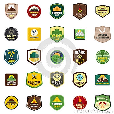 Scout badge emblem stamp icons set, flat style Vector Illustration