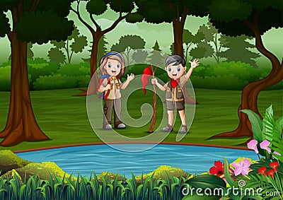 The scout boy and girl rest by the lake Vector Illustration