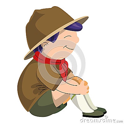 Scout boy sitting icon, cartoon style Vector Illustration