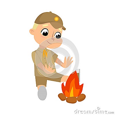 Scout Boy Sitting near Bonfire, Cute Scouting Elementary School Child Character in Uniform, Summer Holiday Activities Vector Illustration