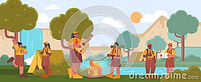 Scout boys and girls with counselor at summer camp Vector Illustration