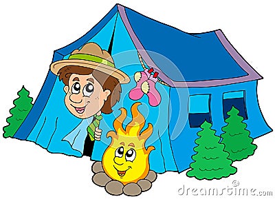 Scout camping in tent Vector Illustration