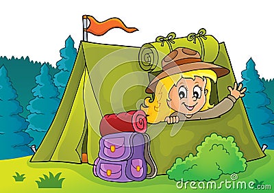 Scout girl in tent theme 2 Vector Illustration