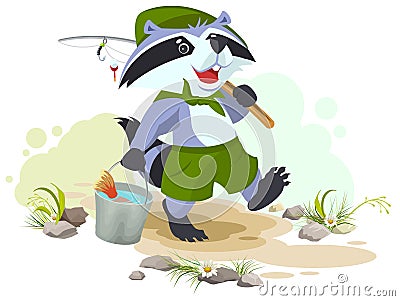 Scout goes fishing. Raccoon scout carries bucket of fish. Fisherman with fishing rod Vector Illustration