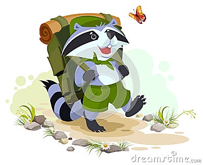 Scout raccoon with backpack goes camping. Summer Camping Vector Illustration