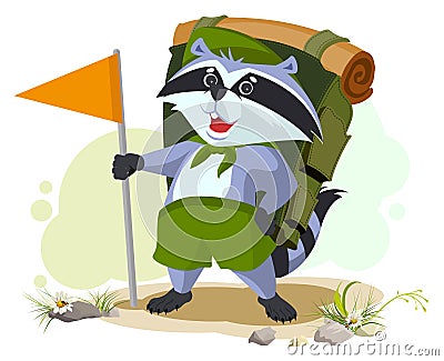 Scout raccoon with backpack goes camping. Summer Camping Vector Illustration