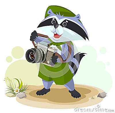 Scout raccoon with camera Vector Illustration