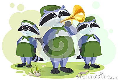 Scout raccoon horner do bugle call. Bugle ceremony in tourist camp Vector Illustration