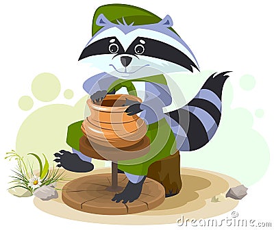 Scout raccoon makes ceramic pot Vector Illustration