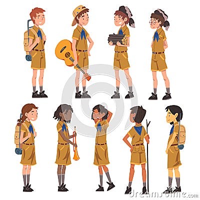 Scouts Boys and Girls Set, Scouting Kids Characters Wearing Uniform and Blue Neckerchiefs with Camping Objects, Summer Vector Illustration