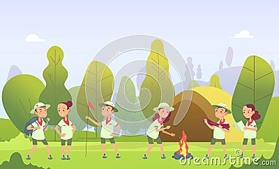 Scouts in camping. Cartoon kids at campfire in forest. Children have summer outdoor adventure. Vector illustration Vector Illustration