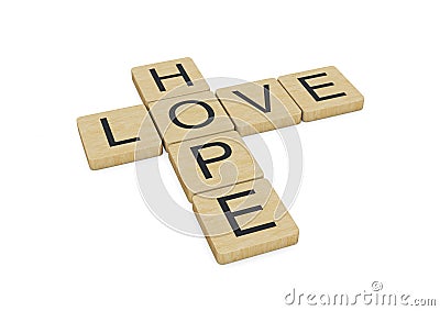 Love Hope words written with wooden letters, isolated on white background Stock Photo