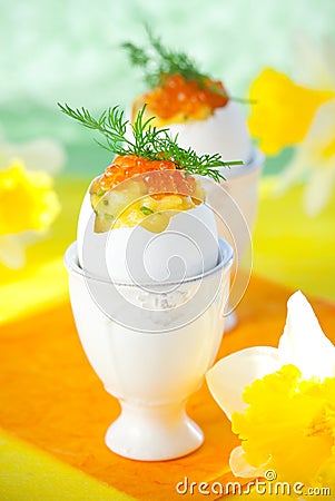 Scrambled egg with chives and red caviar Stock Photo