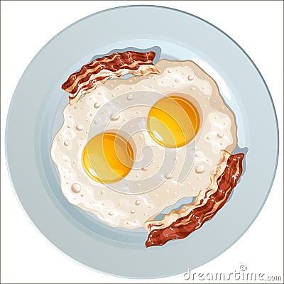 Scrambled eggs with bacon on a blue porcelain plate, top view Vector Illustration