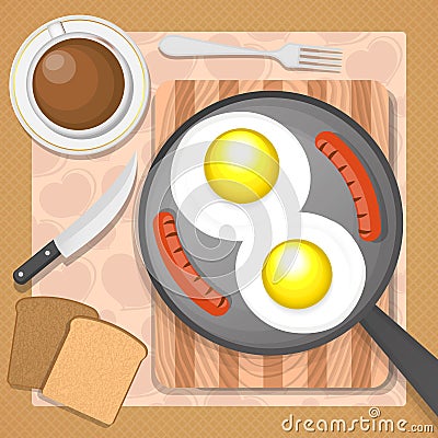 Scrambled eggs with sausages Vector Illustration