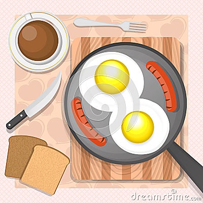 Scrambled eggs with sausages Vector Illustration