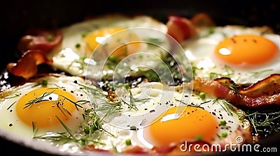scrambled eggs with yolk in a pan with bacon, herbs and cheeses. Stock Photo