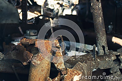 Scrap Copper and Iron. Scrap of Ferrous Metals and Mechanisms of Different Sizes Stock Photo