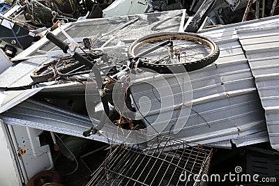 Scrap Metal with Bike in Recycling Yard Stock Photo