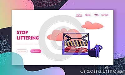 Scrap Metal Utilization Landing Page Template. Mechanic Male Character Working on Scrapyard Pressing Old Crashed Cars Vector Illustration