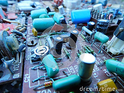 Scrap of old printed circuit boards from televisions and radios Stock Photo