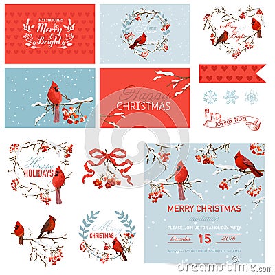 Scrapbook Design Elements - Vintage Christmas Birds and Berry Theme Vector Illustration