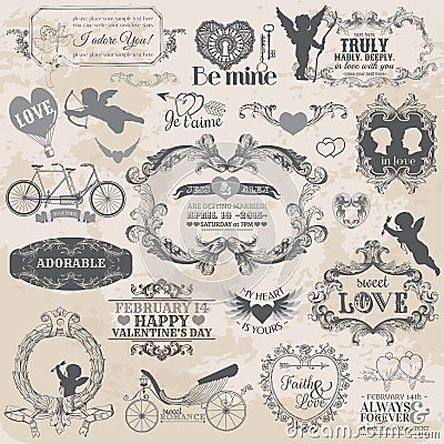 Vintage Valentines Love Set Vector Illustration