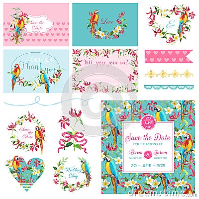 Scrapbook Design Elements. Wedding Tropical Flowers and Parrot Bird Set Vector Illustration
