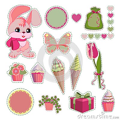 Scrapbook elements by crimson, pink, green colors with rabbit, cupcakes, ice cream, gift, tulip, butterfly. Vector Illustration