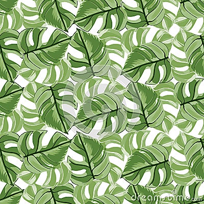 Scrapbook seamless pattern with random green doodle monstera leaf elements. Isolated print with white background Vector Illustration