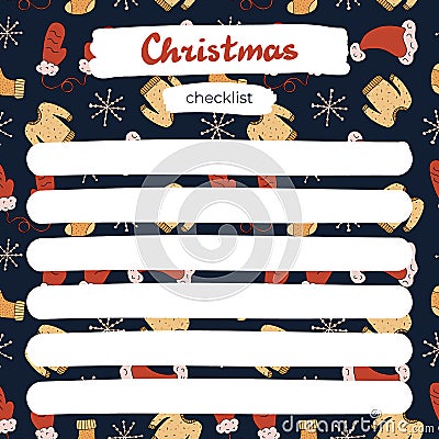 Scrapbook template of Christmas checklist for planner with blank to do before New year with hand drawn Illustration. Printable, Vector Illustration