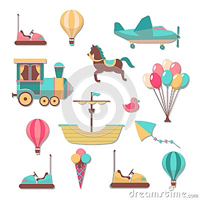 Scrapbooking patches. Fun kid cartoon trendy cute carousels games stickers for scrapbook album and frames vector set Vector Illustration
