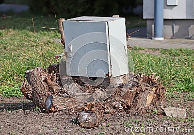 Scrapped electricity metal box on a cut-out tree trunk Stock Photo