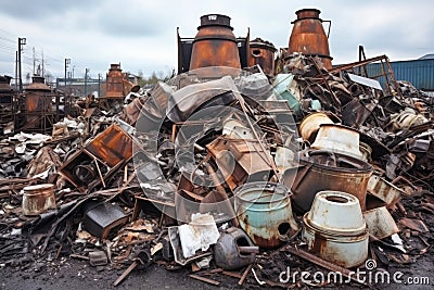 scrapped industrial kitchen appliances in a metal scrapyard Stock Photo