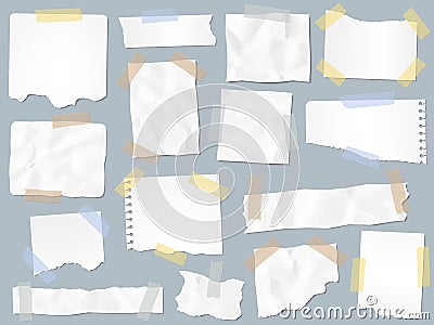 Scraps paper on adhesive tape. Vintage torn papers on sticky tapes, scrap pages frames and craft paper note page vector Vector Illustration