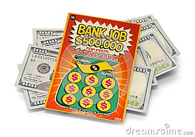 Scratch Lotto Ticket and Cash Pile Stock Photo