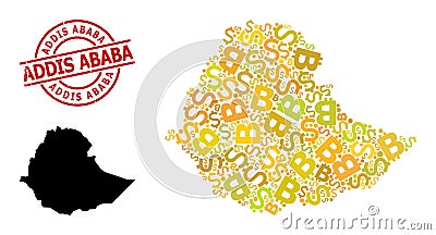 Scratched Addis Ababa Stamp Seal with Dollar and BTC Golden Collage Map of Ethiopia Vector Illustration