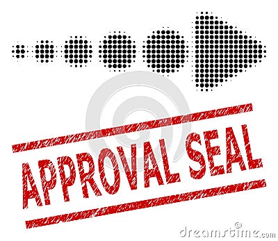 Scratched Approval Seal and Halftone Dotted Arrow Right Vector Illustration