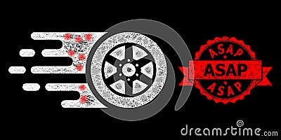 Scratched Asap Stamp and Bright Web Mesh Bolide Car Wheel with Glare Spots Vector Illustration