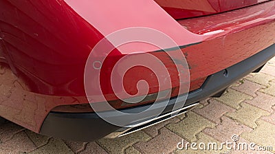 Scratched back red car rear bumper in minor accident street vehicle damaged behind in collision Stock Photo
