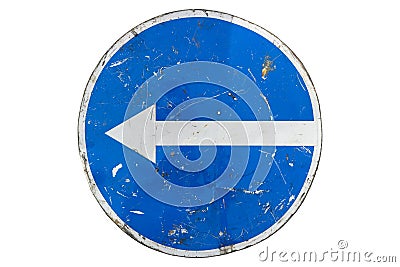 Scratched bent round blue road sign `Turn Left` isolated on whit Vector Illustration